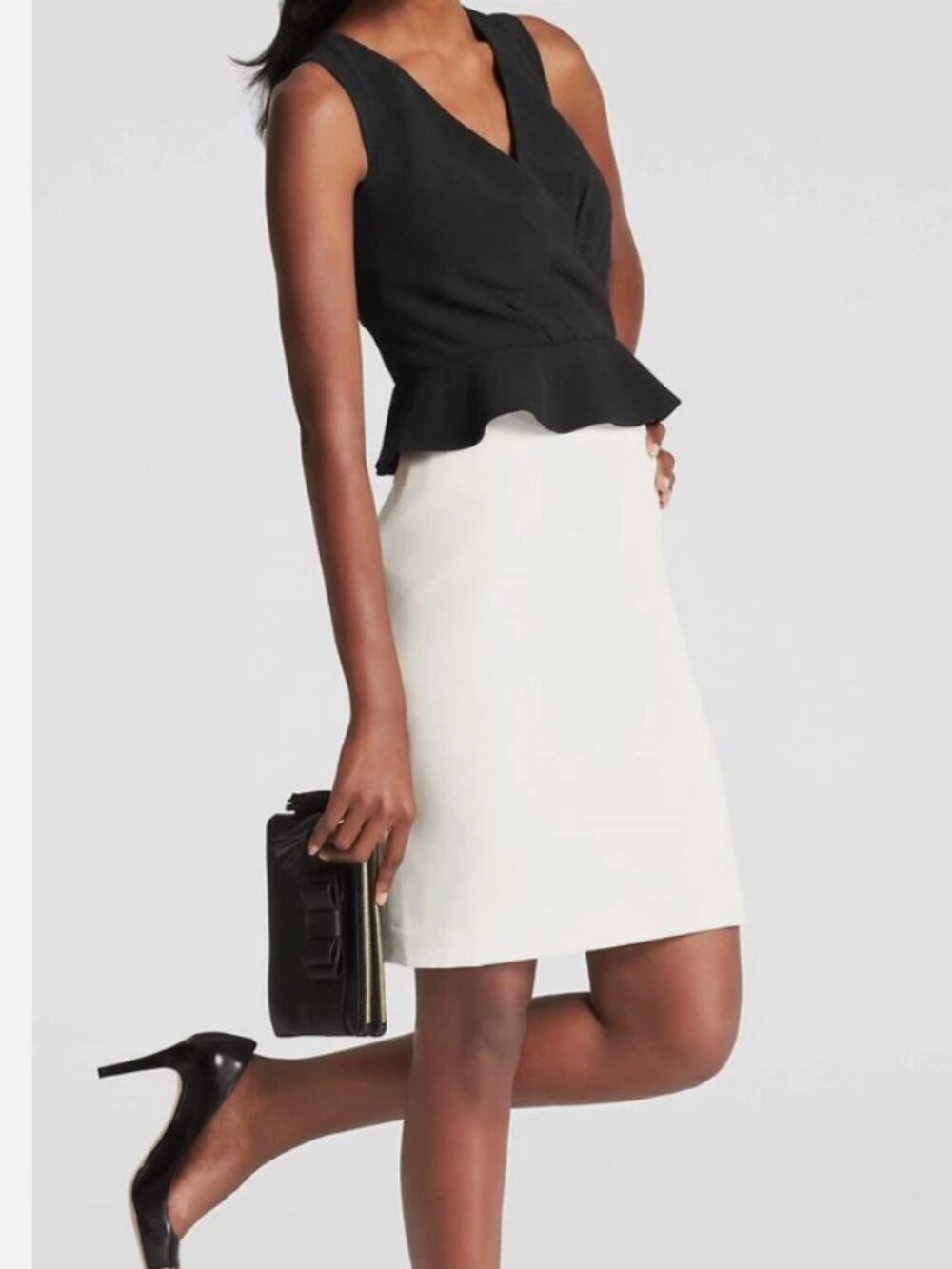 Ann Taylor Black Peplum V-Neck Midi Dress with White Skirt
